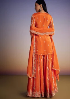 Orange Chinon Kurta Palazzo Set With Cutdana And Beads Work