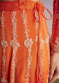 Orange Chinon Kurta Palazzo Set With Cutdana And Beads Work