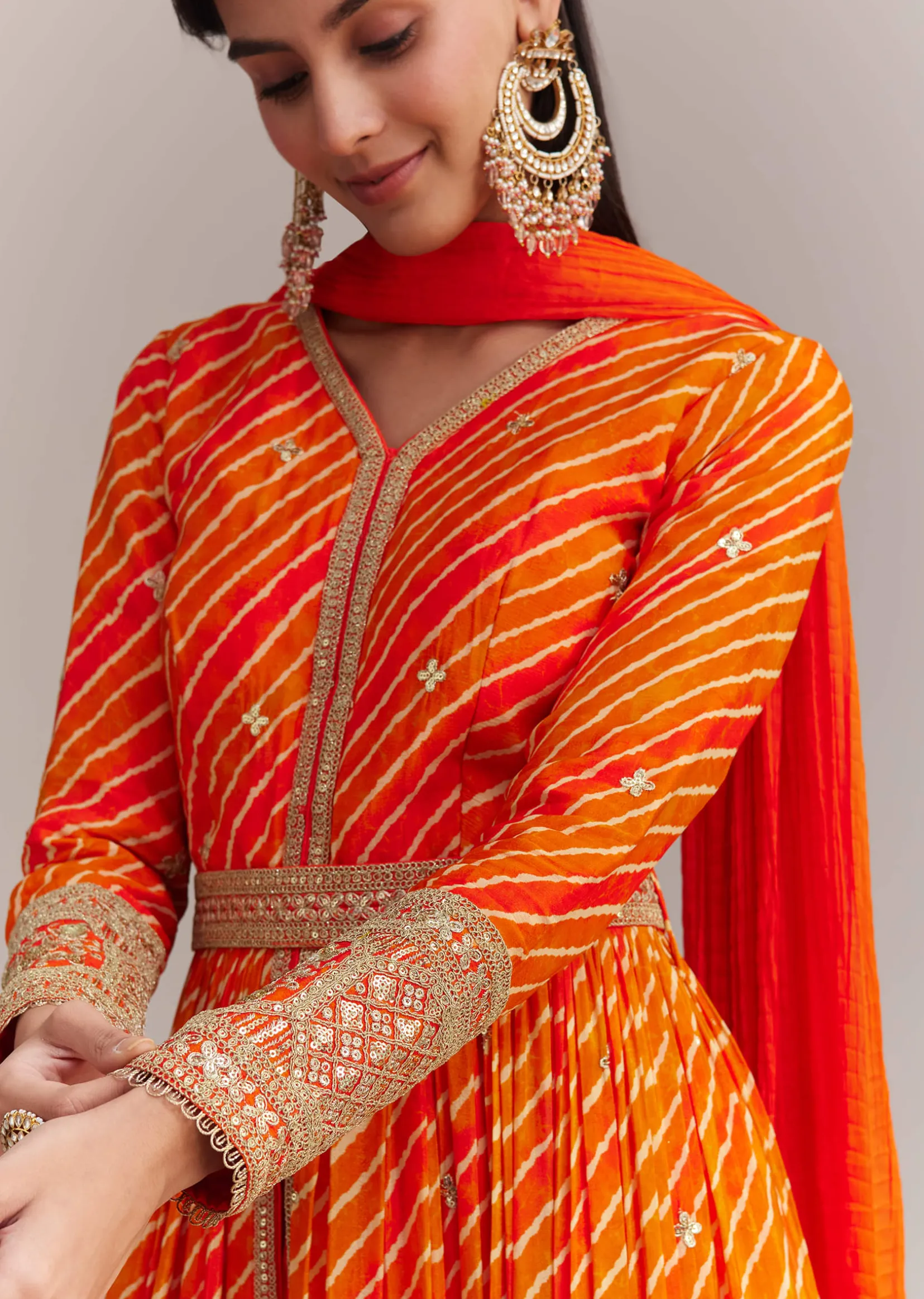 Orange Chinon Leheriya Embroidered Anarkali Set
