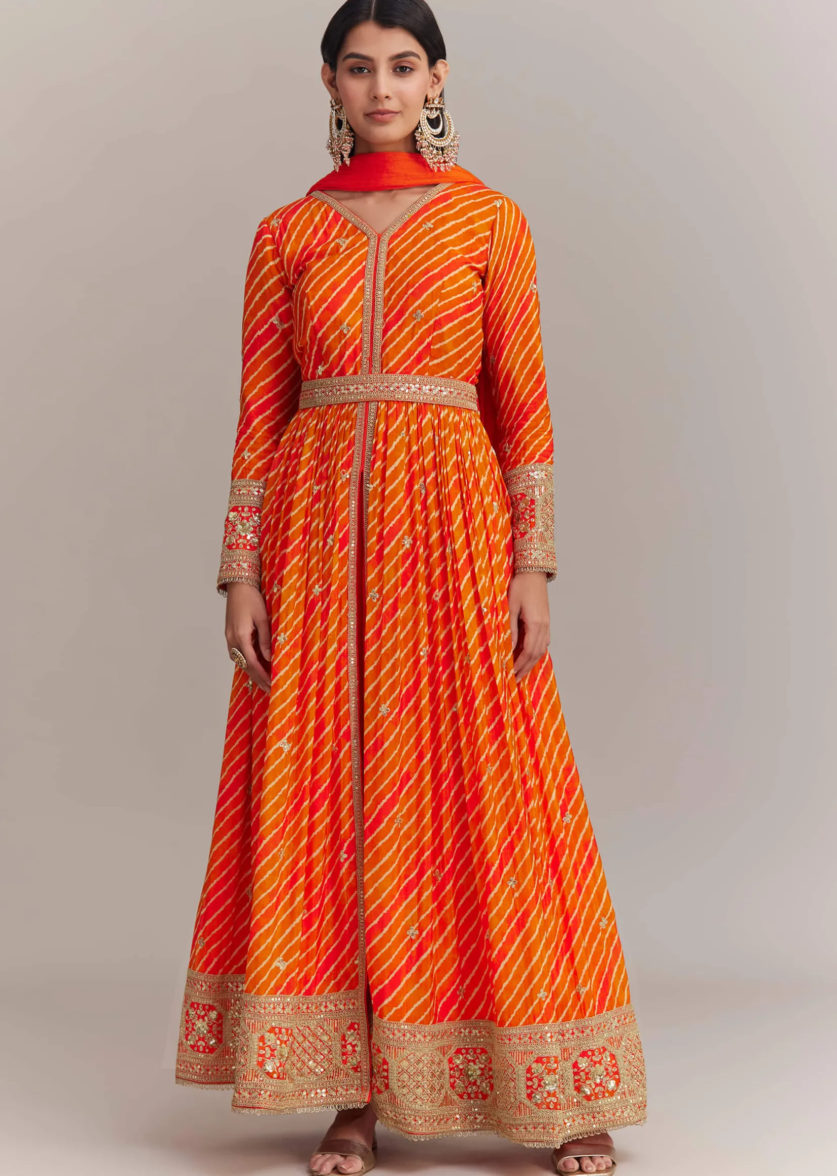 Orange Chinon Leheriya Embroidered Anarkali Set