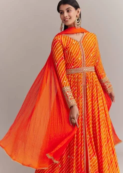 Orange Chinon Leheriya Embroidered Anarkali Set