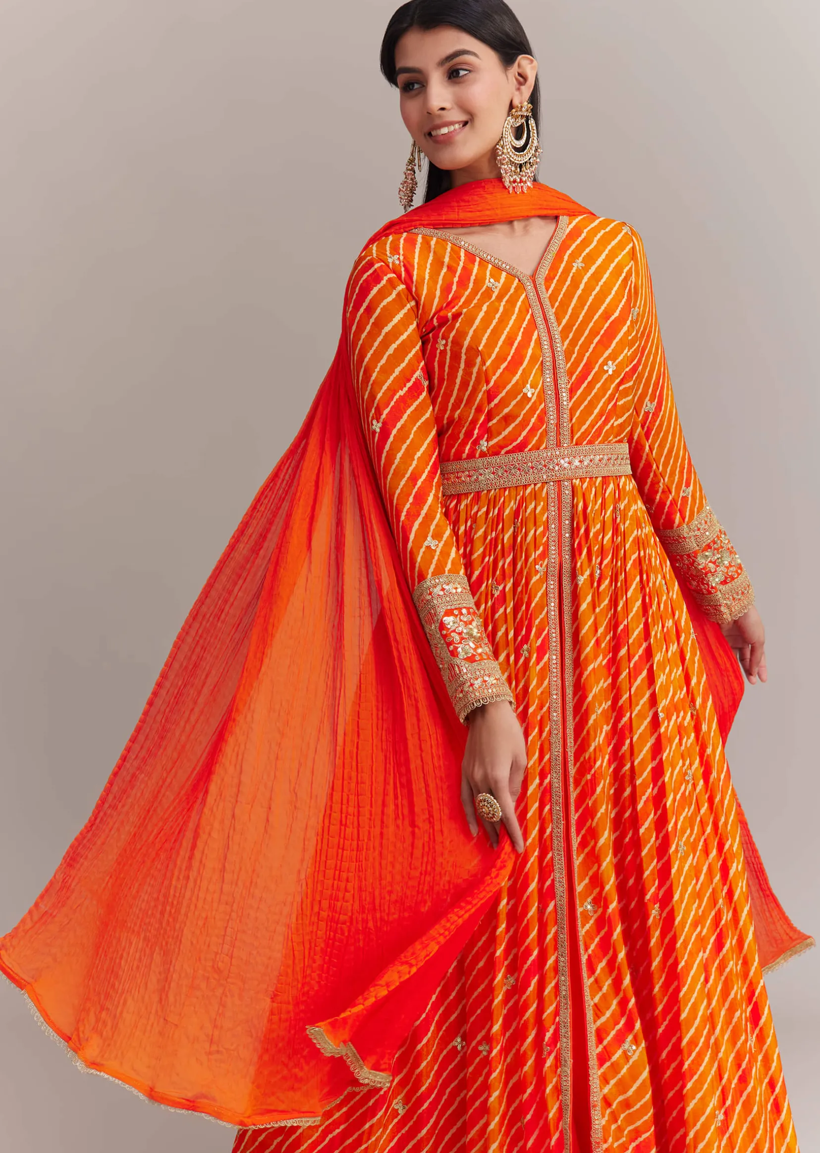Orange Chinon Leheriya Embroidered Anarkali Set