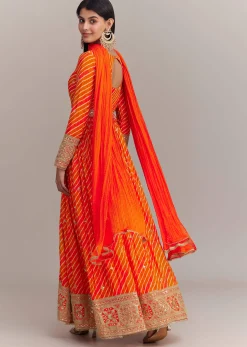 Orange Chinon Leheriya Embroidered Anarkali Set