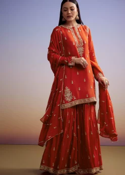 Orange Chinon Sharara Suit With Cut Dana And Sequins Work