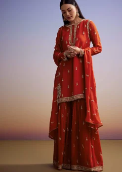 Orange Chinon Sharara Suit With Cut Dana And Sequins Work
