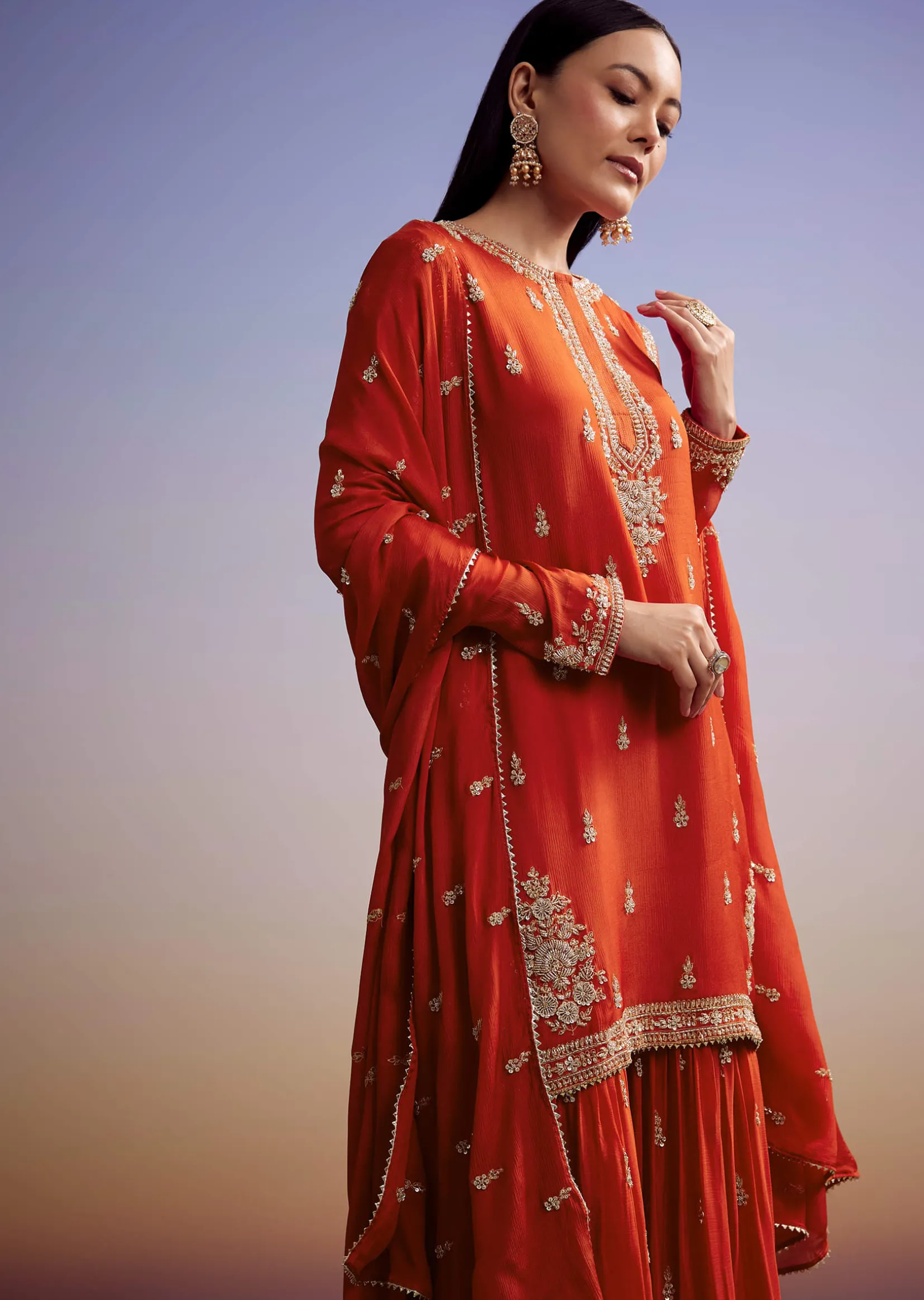 Orange Chinon Sharara Suit With Cut Dana And Sequins Work