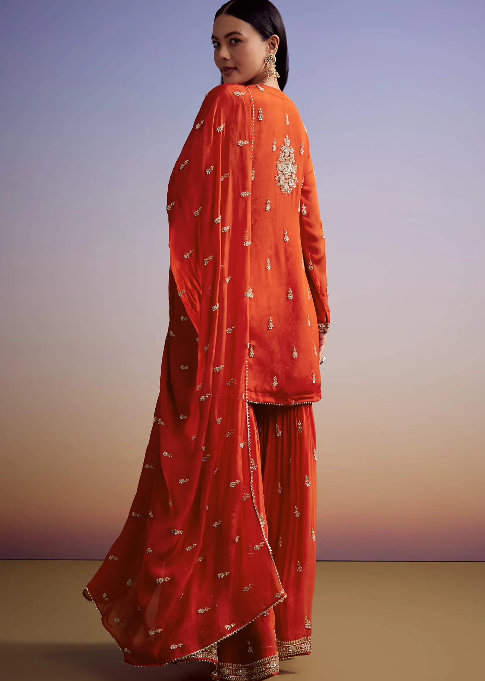 Orange Chinon Sharara Suit With Cut Dana And Sequins Work