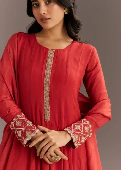 Orange Chinon Zardosi Moti Work Anarkali Dupatta Set