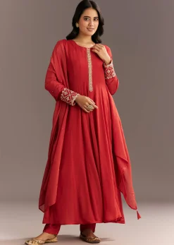 Orange Chinon Zardosi Moti Work Anarkali Dupatta Set