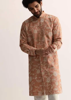 Orange Cotton Silk Embroidered Kurta Set For Men