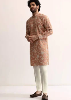 Orange Cotton Silk Embroidered Kurta Set For Men