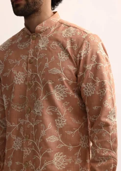 Orange Cotton Silk Embroidered Kurta Set For Men