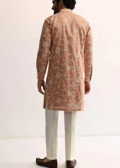 Orange Cotton Silk Embroidered Kurta Set For Men