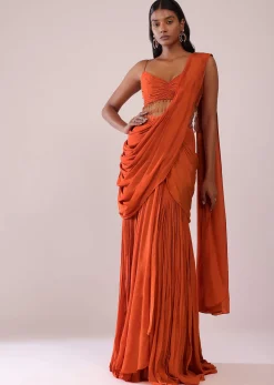 Orange Crepe Drape Saree And Blouse With Crystal Tassels All Over