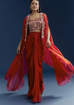 Orange Crop Top Skirt Set With Embroidered Cape