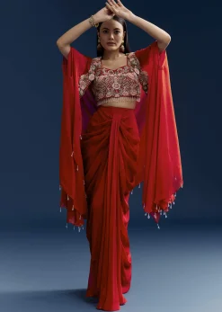 Orange Crop Top Skirt Set With Embroidered Cape