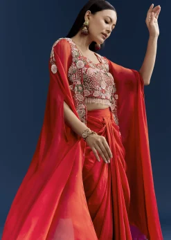 Orange Crop Top Skirt Set With Embroidered Cape