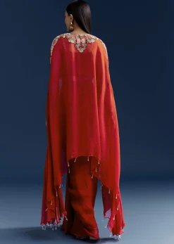 Orange Crop Top Skirt Set With Embroidered Cape