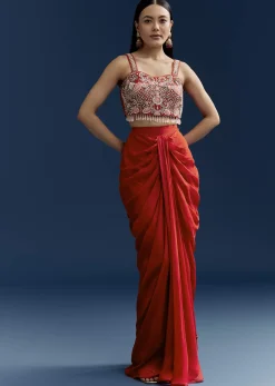 Orange Crop Top Skirt Set With Embroidered Cape