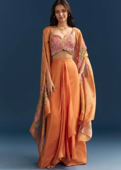 Orange Crop Top Skirt With Floral Cape And Embroidery Accents