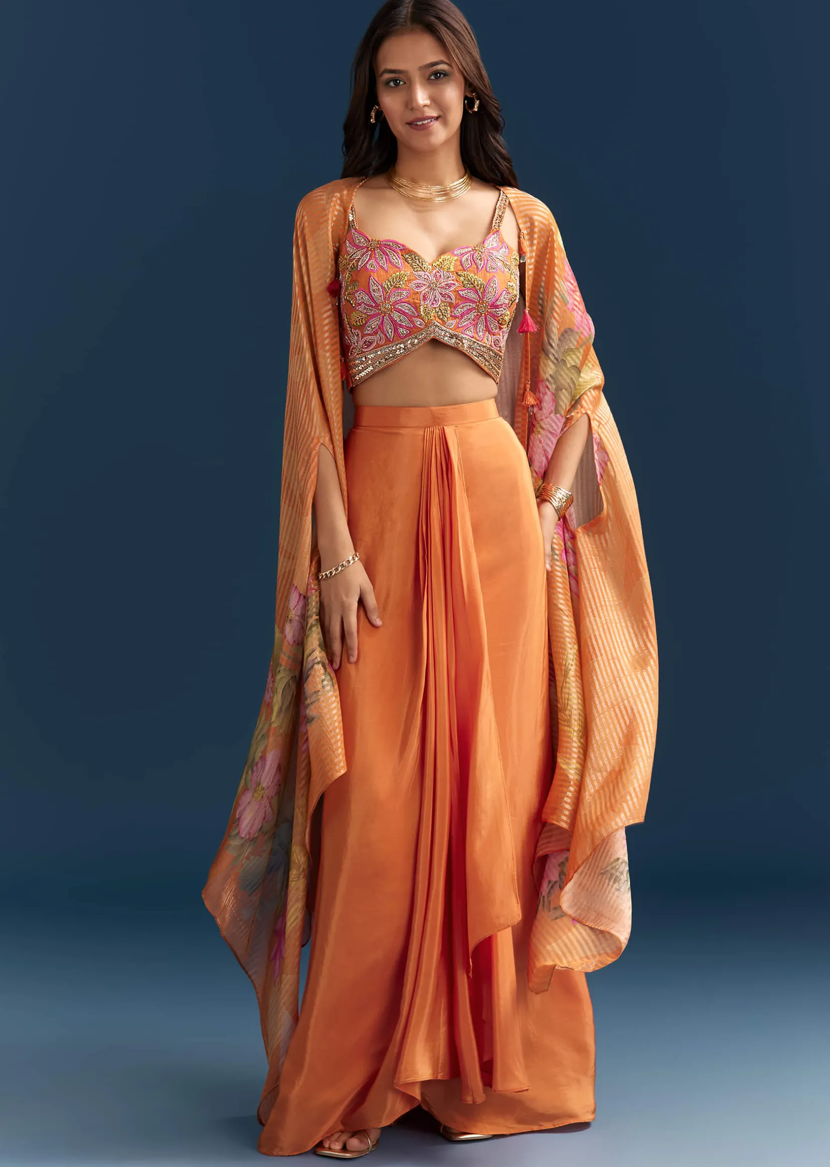 Orange Crop Top Skirt With Floral Cape And Embroidery Accents