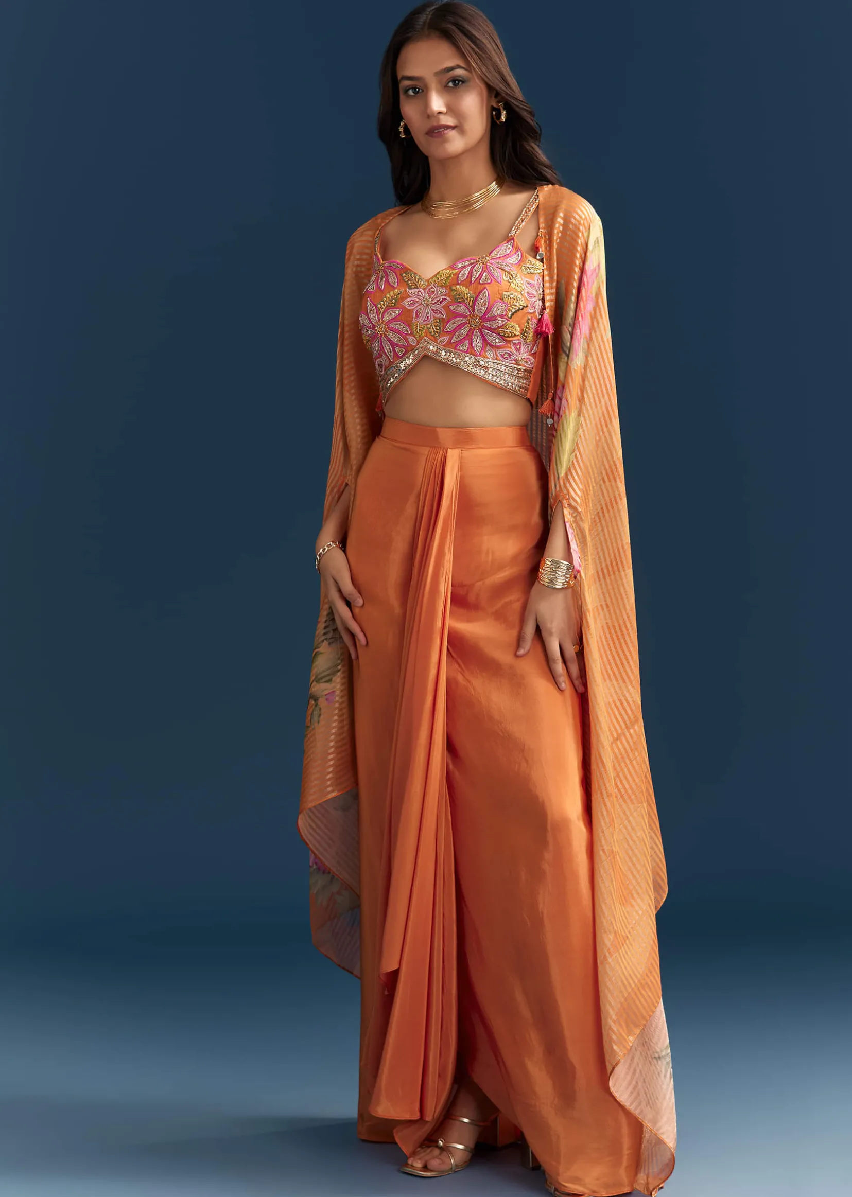 Orange Crop Top Skirt With Floral Cape And Embroidery Accents