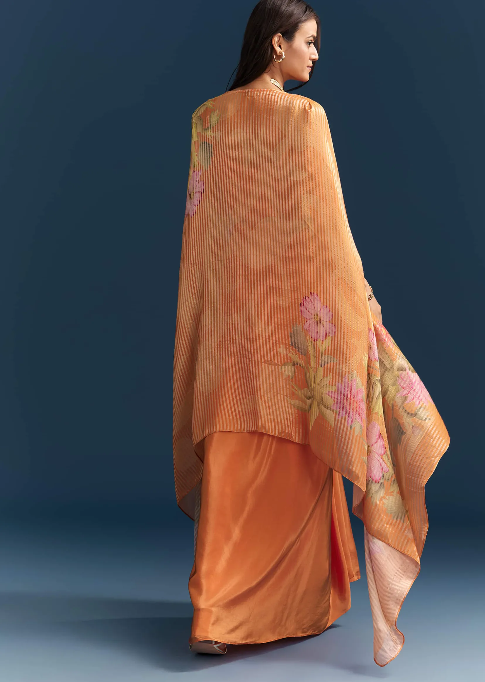 Orange Crop Top Skirt With Floral Cape And Embroidery Accents