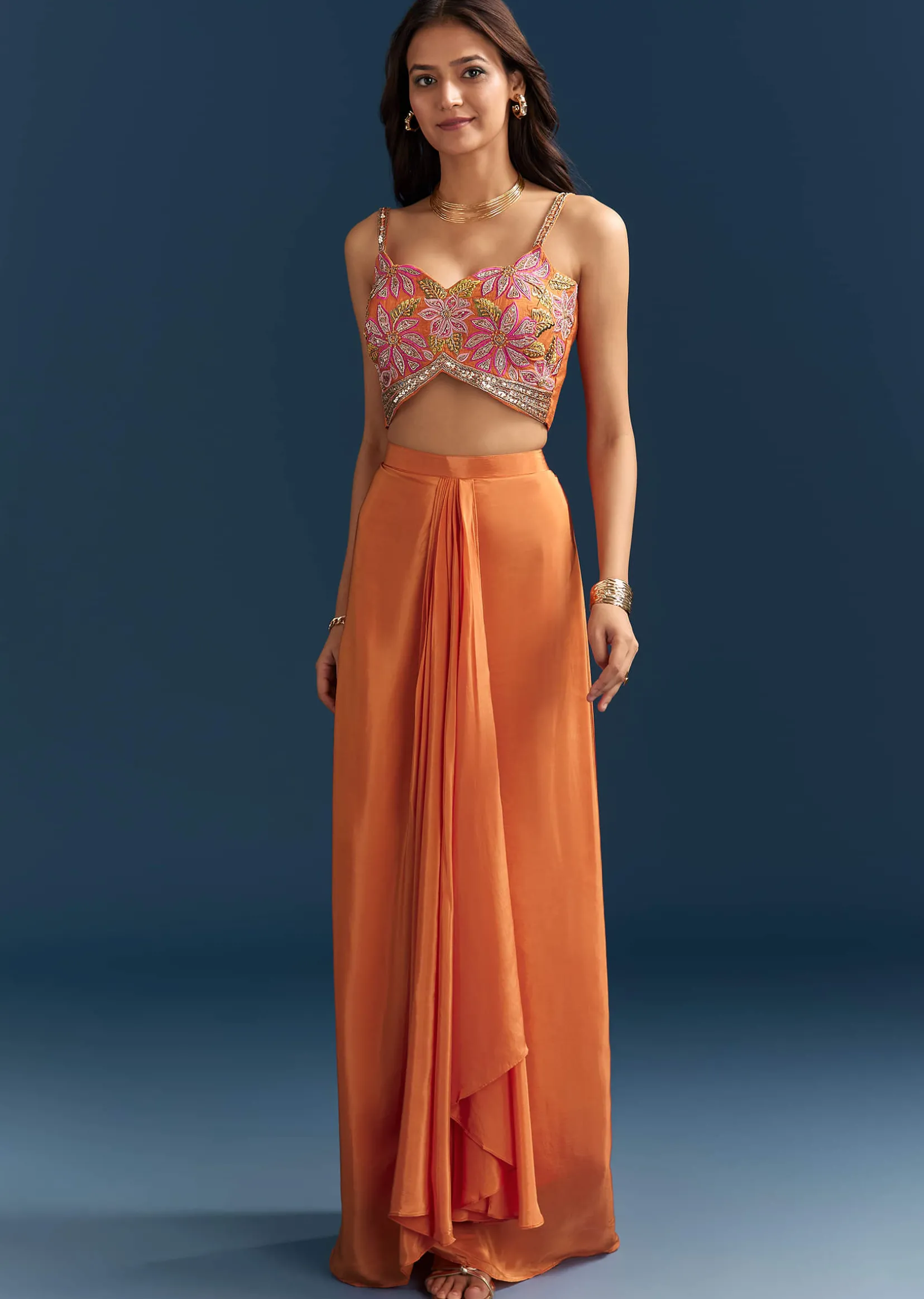 Orange Crop Top Skirt With Floral Cape And Embroidery Accents