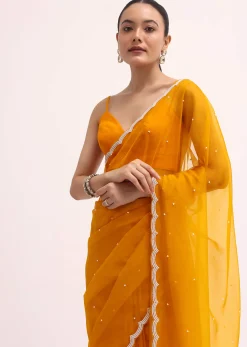 Orange 3D Sequin Organza Saree With Unstitched Blouse