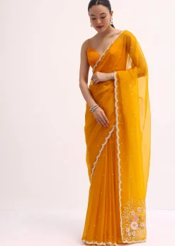Orange 3D Sequin Organza Saree With Unstitched Blouse