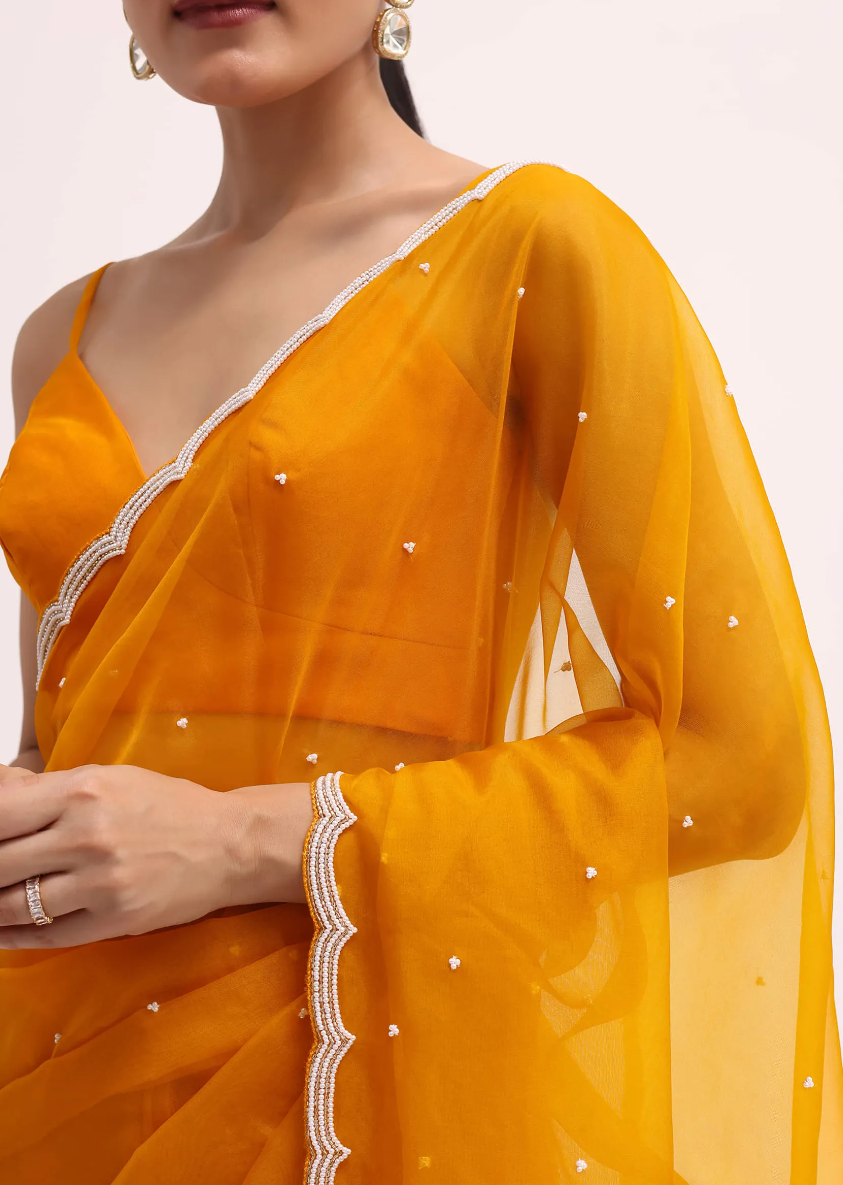 Orange 3D Sequin Organza Saree With Unstitched Blouse