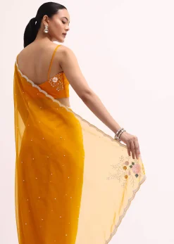 Orange 3D Sequin Organza Saree With Unstitched Blouse
