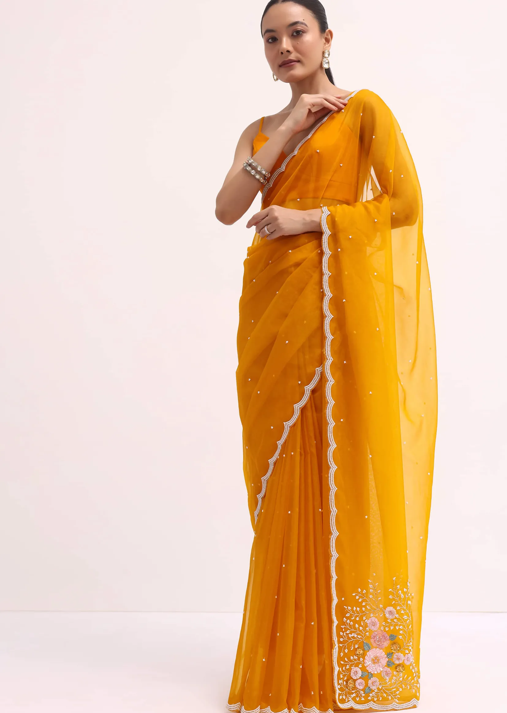Orange 3D Sequin Organza Saree With Unstitched Blouse