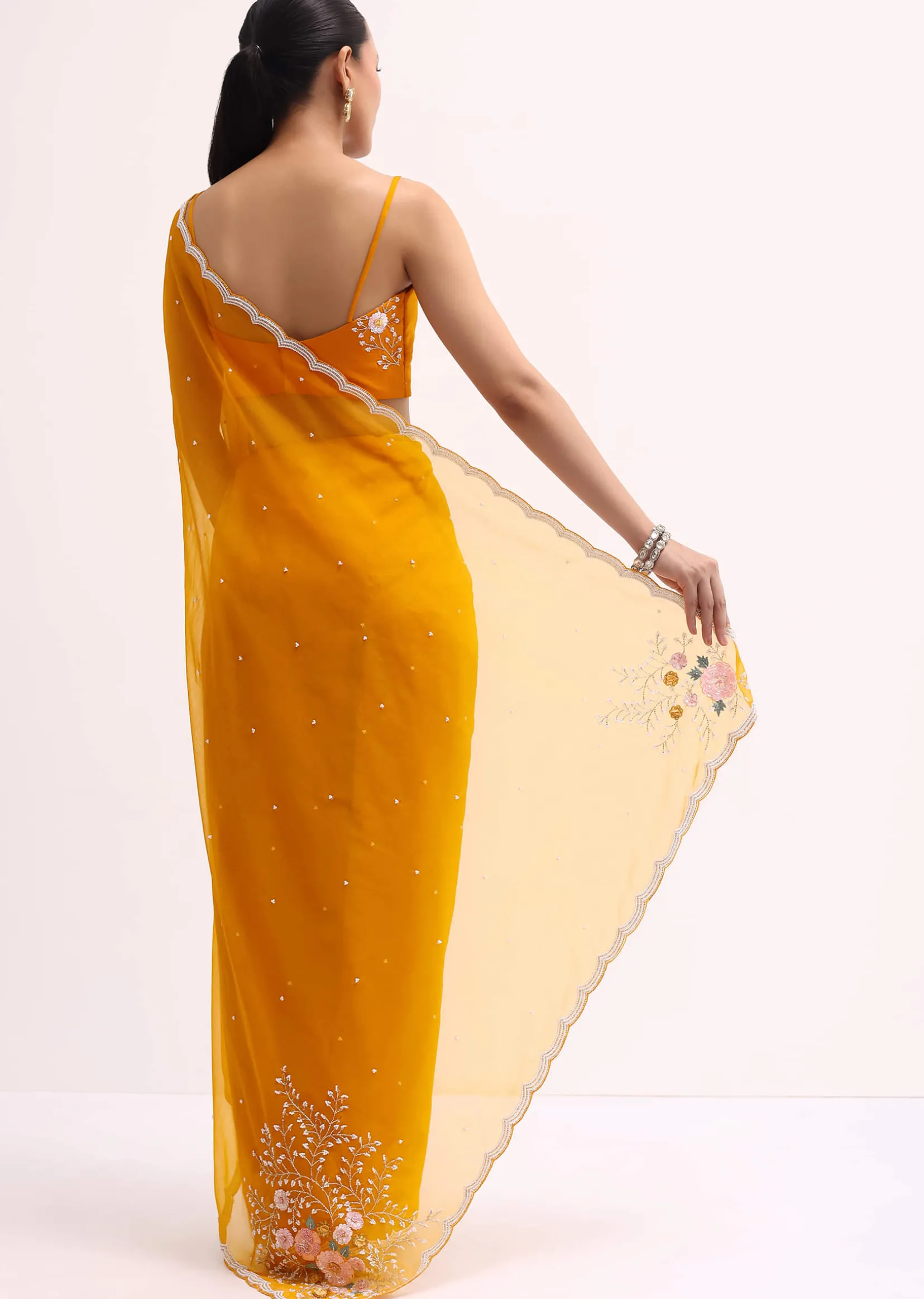 Orange 3D Sequin Organza Saree With Unstitched Blouse