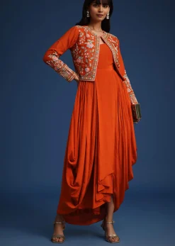 Orange Dhoti Style Gown With Embroidered Jacket