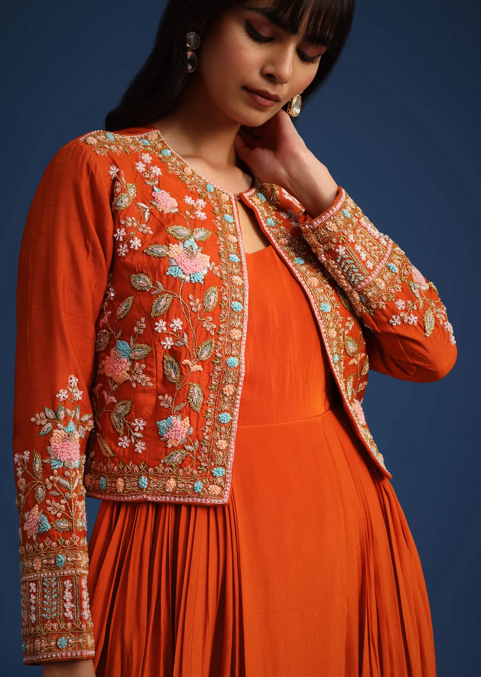Orange Dhoti Style Gown With Embroidered Jacket