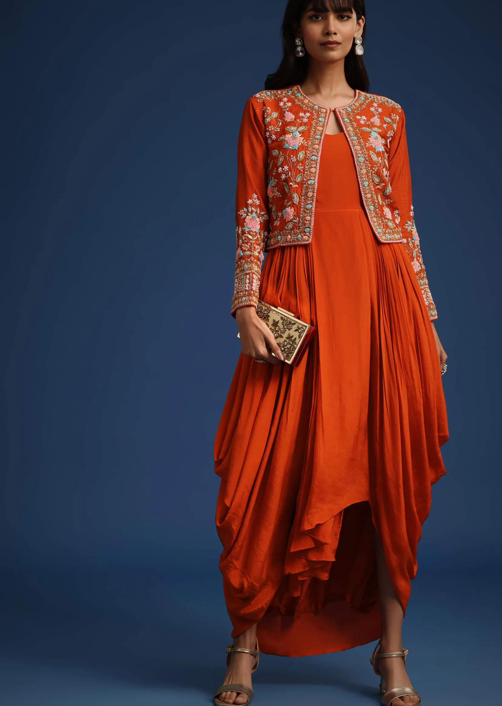 Orange Dhoti Style Gown With Embroidered Jacket