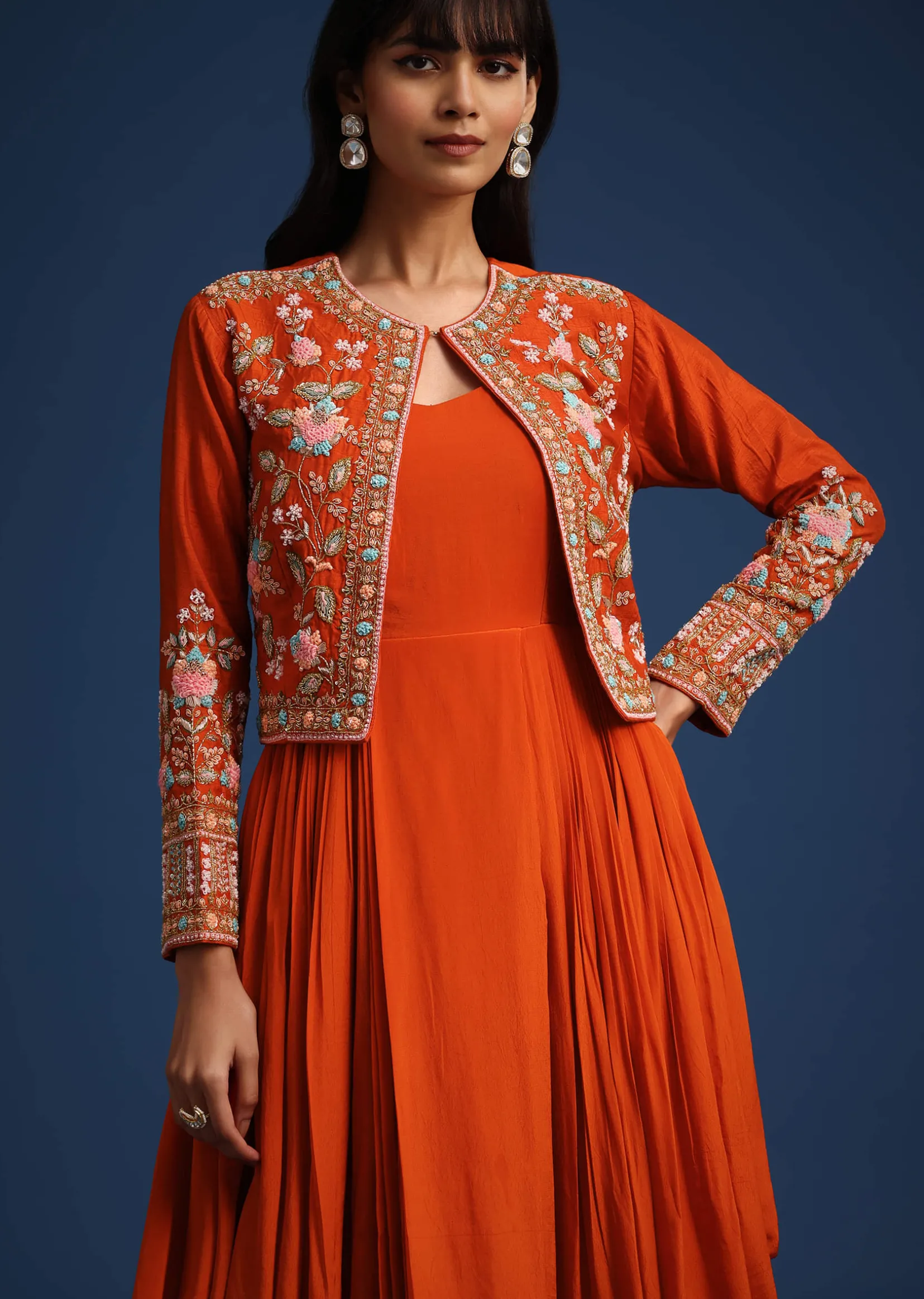 Orange Dhoti Style Gown With Embroidered Jacket
