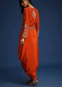 Orange Dhoti Style Gown With Embroidered Jacket