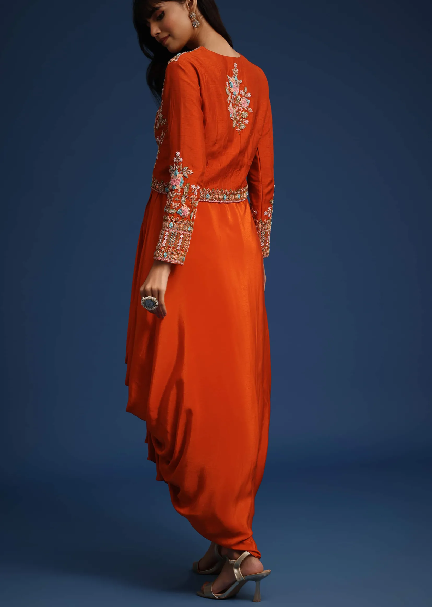 Orange Dhoti Style Gown With Embroidered Jacket