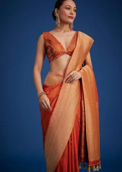 Orange Dola Silk Saree With Zari Border And Pallu