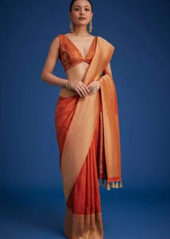 Orange Dola Silk Saree With Zari Border And Pallu