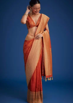 Orange Dola Silk Saree With Zari Border And Pallu