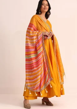Orange Embroidered Chanderi Anarkali Set With Bandhani And Leheriya Dupatta