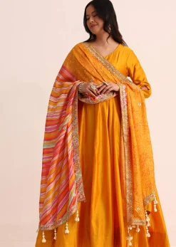 Orange Embroidered Chanderi Anarkali Set With Bandhani And Leheriya Dupatta