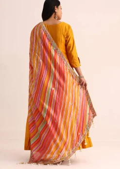 Orange Embroidered Chanderi Anarkali Set With Bandhani And Leheriya Dupatta