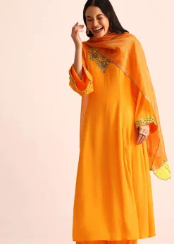 Orange Embroidered Chiffon Kurta Palazzo Set