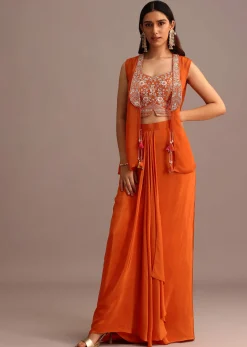 Orange Embroidered Croptop With Draped Skirt And Organza Jacket