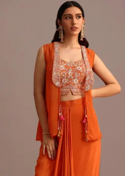 Orange Embroidered Croptop With Draped Skirt And Organza Jacket