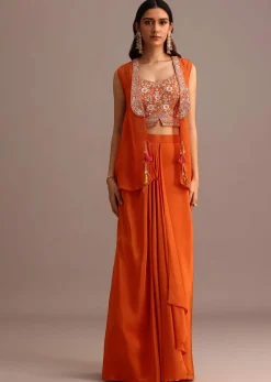 Orange Embroidered Croptop With Draped Skirt And Organza Jacket